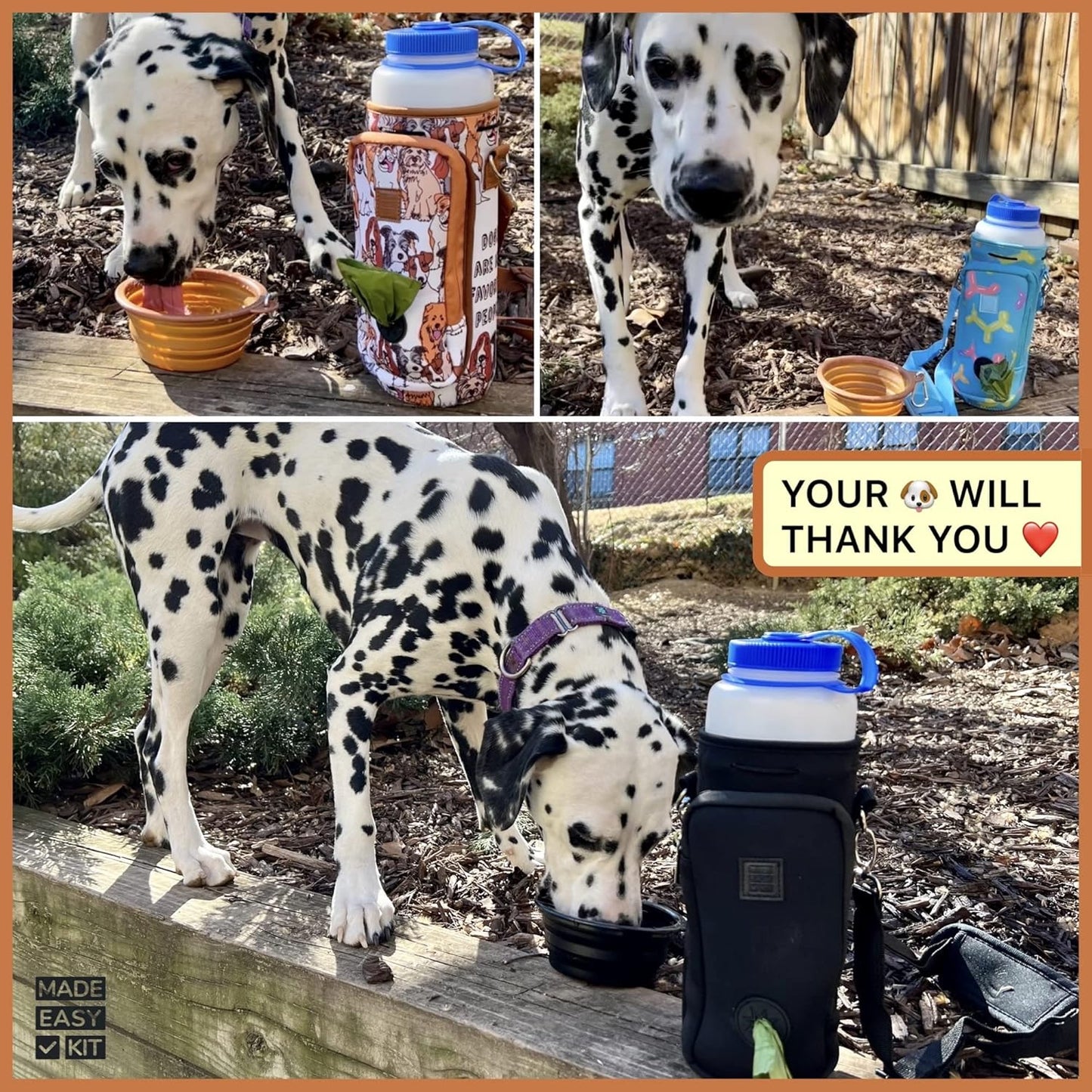 Water Bottle Carrier with Pocket for Dog Poop Waste Bags and Adjustable Padded Shoulder Strap (Large (32oz) with Bowl, Yellow, Paws & Hearts)