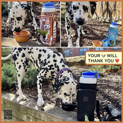 Water Bottle Carrier with Pocket for Dog Poop Waste Bags and Adjustable Padded Shoulder Strap (Large (32oz) with Bowl, Yellow, Paws & Hearts)