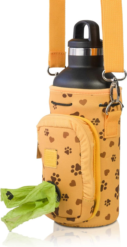 Water Bottle Carrier with Pocket for Dog Poop Waste Bags and Adjustable Padded Shoulder Strap (Large (32oz) with Bowl, Yellow, Paws & Hearts)
