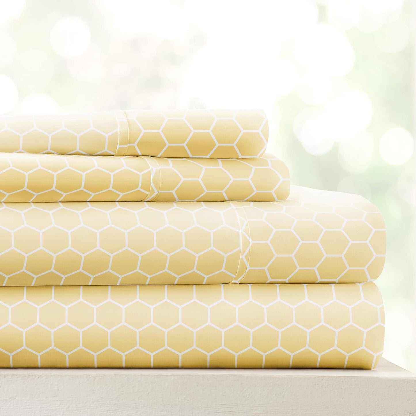 Patterned Microfiber King Sheet Set 4 Piece – Oeko-TEX Certified Ultra Soft & Wrinkle-Free - 16" Deep Pocket Sheets - Easy Care King Size - Honeycomb Yellow