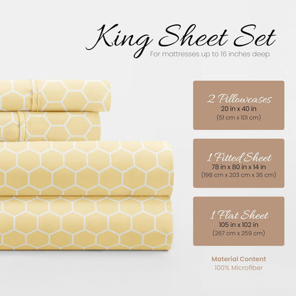 Patterned Microfiber King Sheet Set 4 Piece – Oeko-TEX Certified Ultra Soft & Wrinkle-Free - 16" Deep Pocket Sheets - Easy Care King Size - Honeycomb Yellow