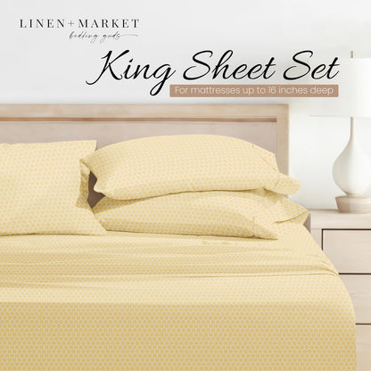 Patterned Microfiber King Sheet Set 4 Piece – Oeko-TEX Certified Ultra Soft & Wrinkle-Free - 16" Deep Pocket Sheets - Easy Care King Size - Honeycomb Yellow