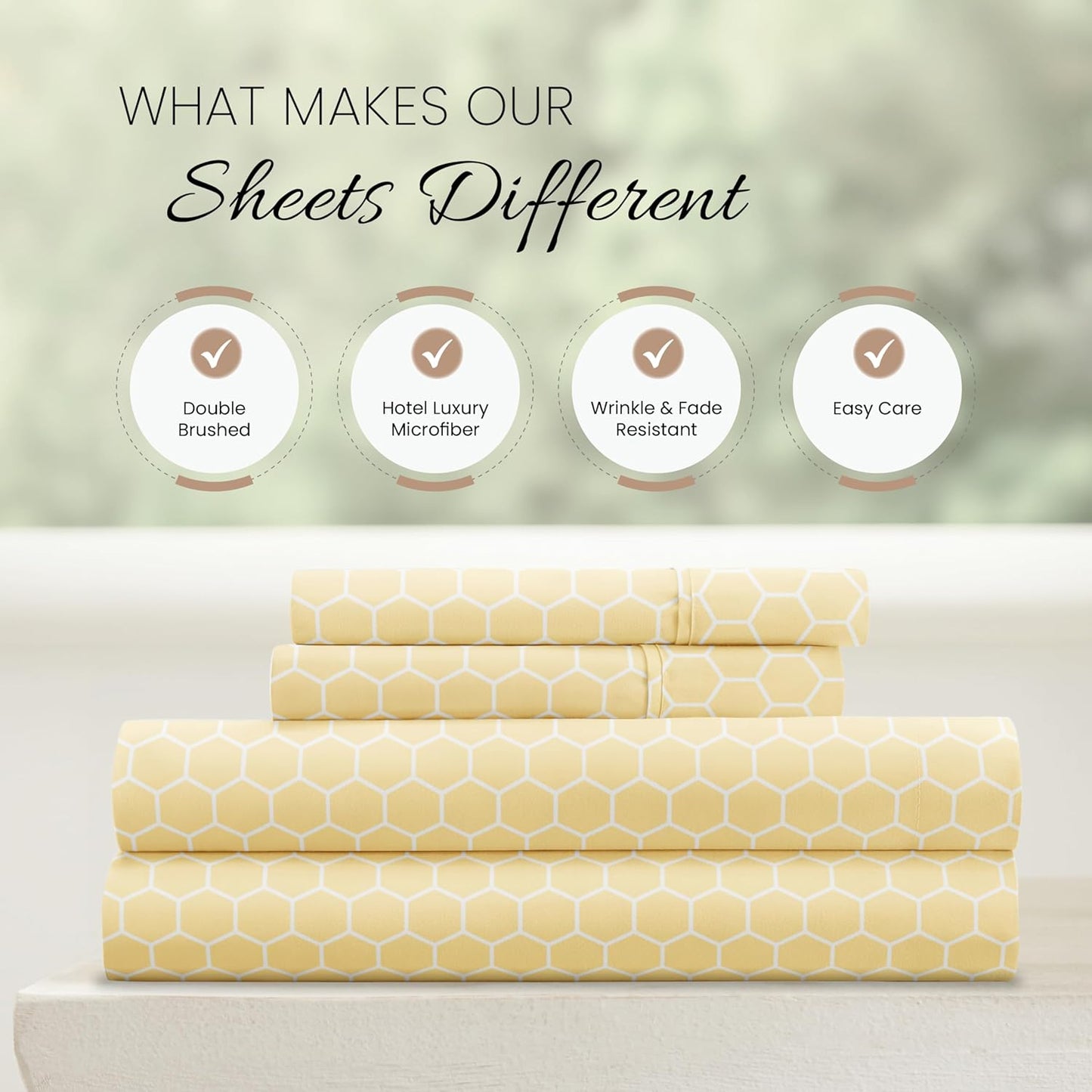 Patterned Microfiber King Sheet Set 4 Piece – Oeko-TEX Certified Ultra Soft & Wrinkle-Free - 16" Deep Pocket Sheets - Easy Care King Size - Honeycomb Yellow