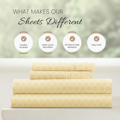 Patterned Microfiber King Sheet Set 4 Piece – Oeko-TEX Certified Ultra Soft & Wrinkle-Free - 16" Deep Pocket Sheets - Easy Care King Size - Honeycomb Yellow