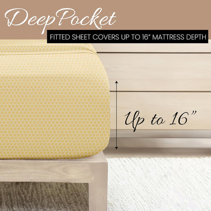 Patterned Microfiber King Sheet Set 4 Piece – Oeko-TEX Certified Ultra Soft & Wrinkle-Free - 16" Deep Pocket Sheets - Easy Care King Size - Honeycomb Yellow