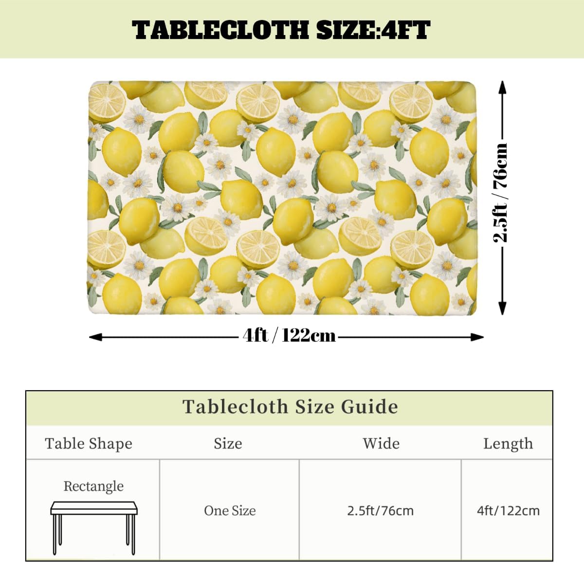 Rectangle Fitted Tablecloth with Elastic Edge for 4ft, Spring Summer Lemon Flower Picnic Table Cloth Windproof Waterproof Washable Table Covers for Dining Camping Indoor Outdoor Party 30"x48"
