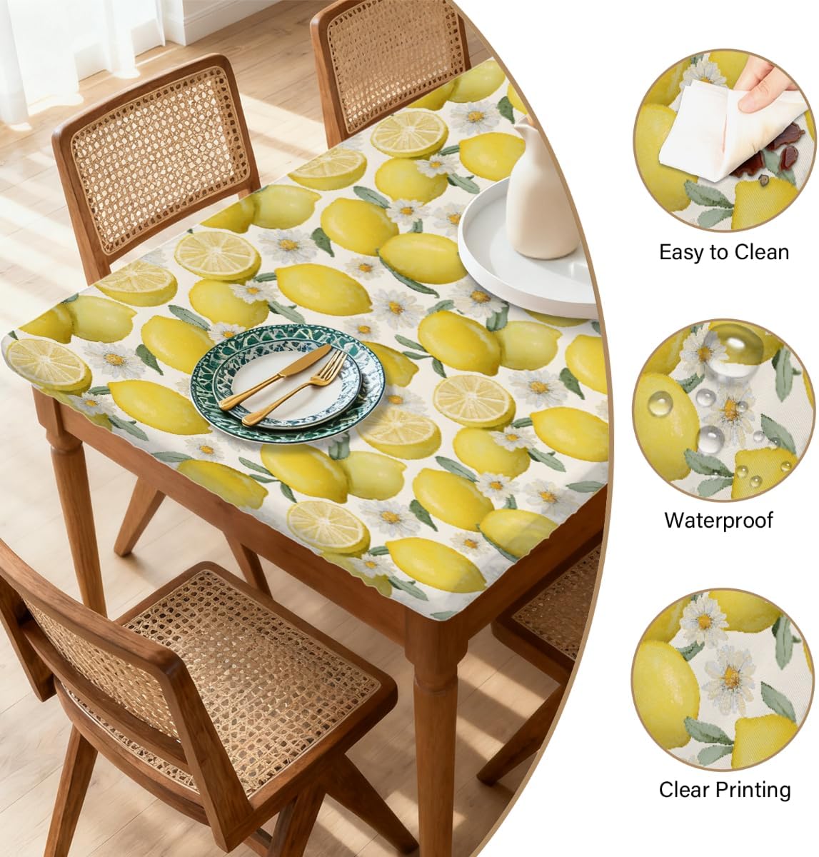 Rectangle Fitted Tablecloth with Elastic Edge for 4ft, Spring Summer Lemon Flower Picnic Table Cloth Windproof Waterproof Washable Table Covers for Dining Camping Indoor Outdoor Party 30"x48"