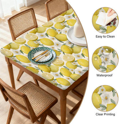Rectangle Fitted Tablecloth with Elastic Edge for 4ft, Spring Summer Lemon Flower Picnic Table Cloth Windproof Waterproof Washable Table Covers for Dining Camping Indoor Outdoor Party 30"x48"