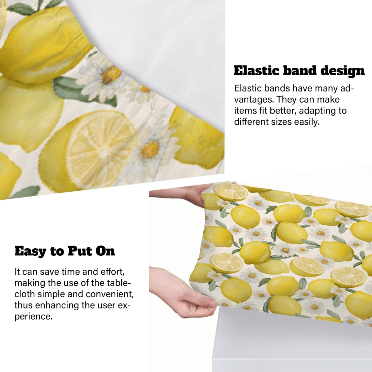Rectangle Fitted Tablecloth with Elastic Edge for 4ft, Spring Summer Lemon Flower Picnic Table Cloth Windproof Waterproof Washable Table Covers for Dining Camping Indoor Outdoor Party 30"x48"