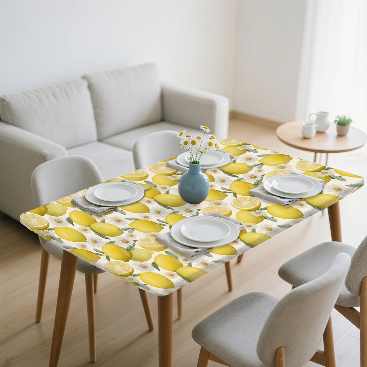 Rectangle Fitted Tablecloth with Elastic Edge for 4ft, Spring Summer Lemon Flower Picnic Table Cloth Windproof Waterproof Washable Table Covers for Dining Camping Indoor Outdoor Party 30"x48"