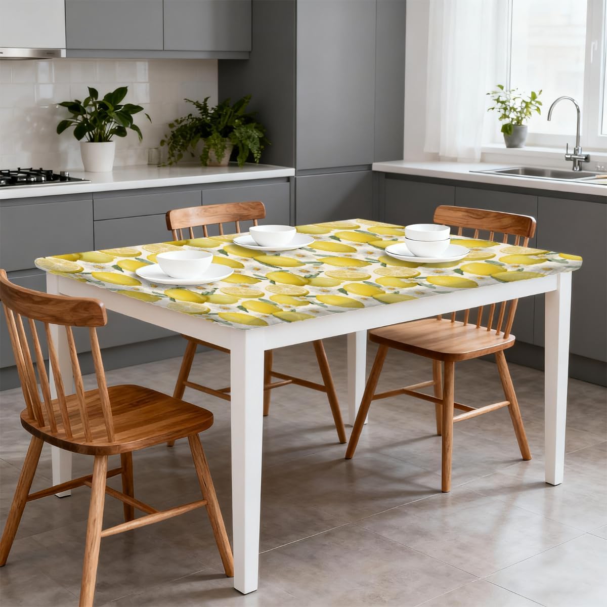 Rectangle Fitted Tablecloth with Elastic Edge for 4ft, Spring Summer Lemon Flower Picnic Table Cloth Windproof Waterproof Washable Table Covers for Dining Camping Indoor Outdoor Party 30"x48"