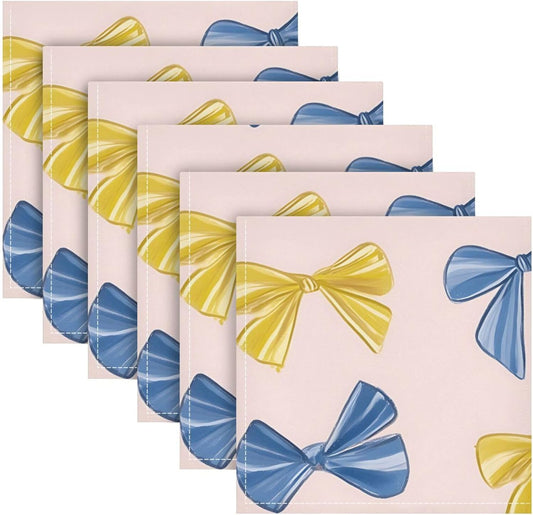 Dinner Napkins Set of 6 Blue and Yellow Bows Reusable Table Cloth Napkins for Indoor Outdoor Family Dinners Cocktail Parties Weddings Hotel Restaurant, 20 × 20 in