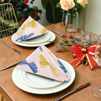 Dinner Napkins Set of 6 Blue and Yellow Bows Reusable Table Cloth Napkins for Indoor Outdoor Family Dinners Cocktail Parties Weddings Hotel Restaurant, 20 × 20 in