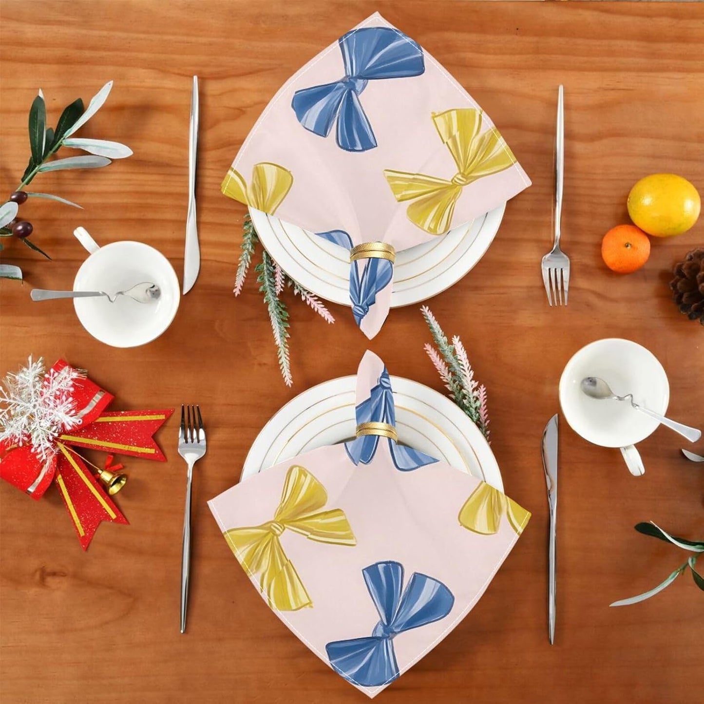 Dinner Napkins Set of 6 Blue and Yellow Bows Reusable Table Cloth Napkins for Indoor Outdoor Family Dinners Cocktail Parties Weddings Hotel Restaurant, 20 × 20 in