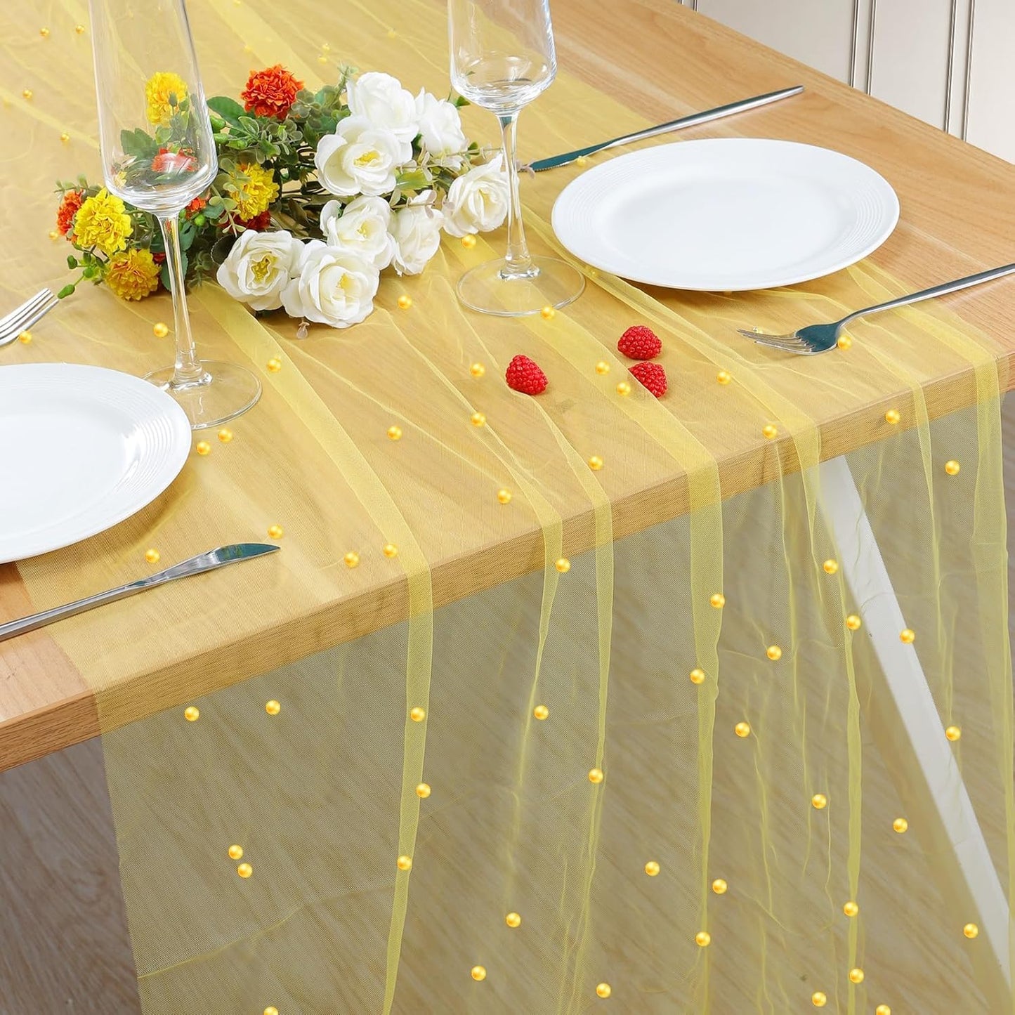 Pearl Table Runner 10FT, 30 x 120 Inch Yellow Boho Rustic Tulle Lace Table Runner for Spring Summer Birthday Baby Shower Wedding Party Table Decor