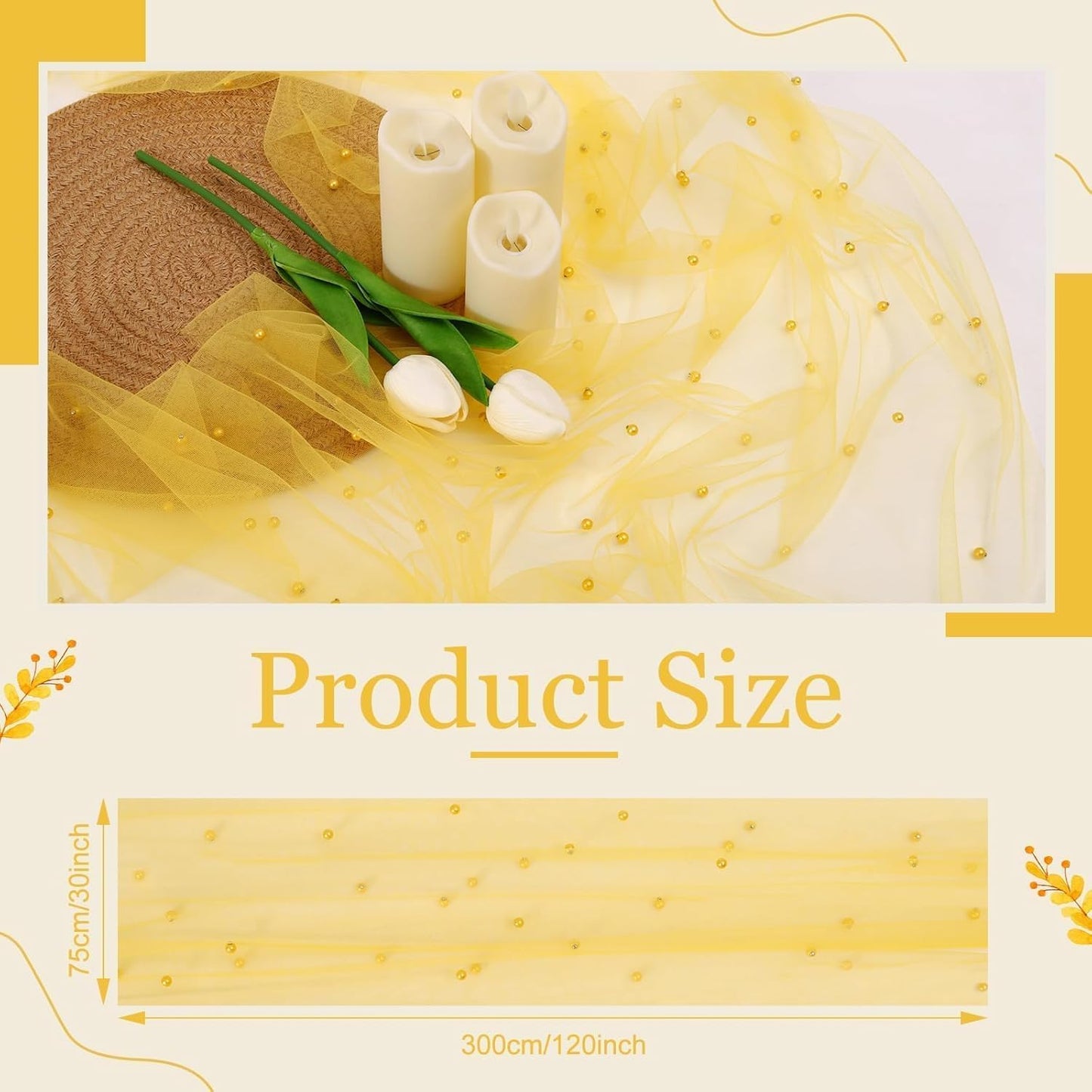 Pearl Table Runner 10FT, 30 x 120 Inch Yellow Boho Rustic Tulle Lace Table Runner for Spring Summer Birthday Baby Shower Wedding Party Table Decor