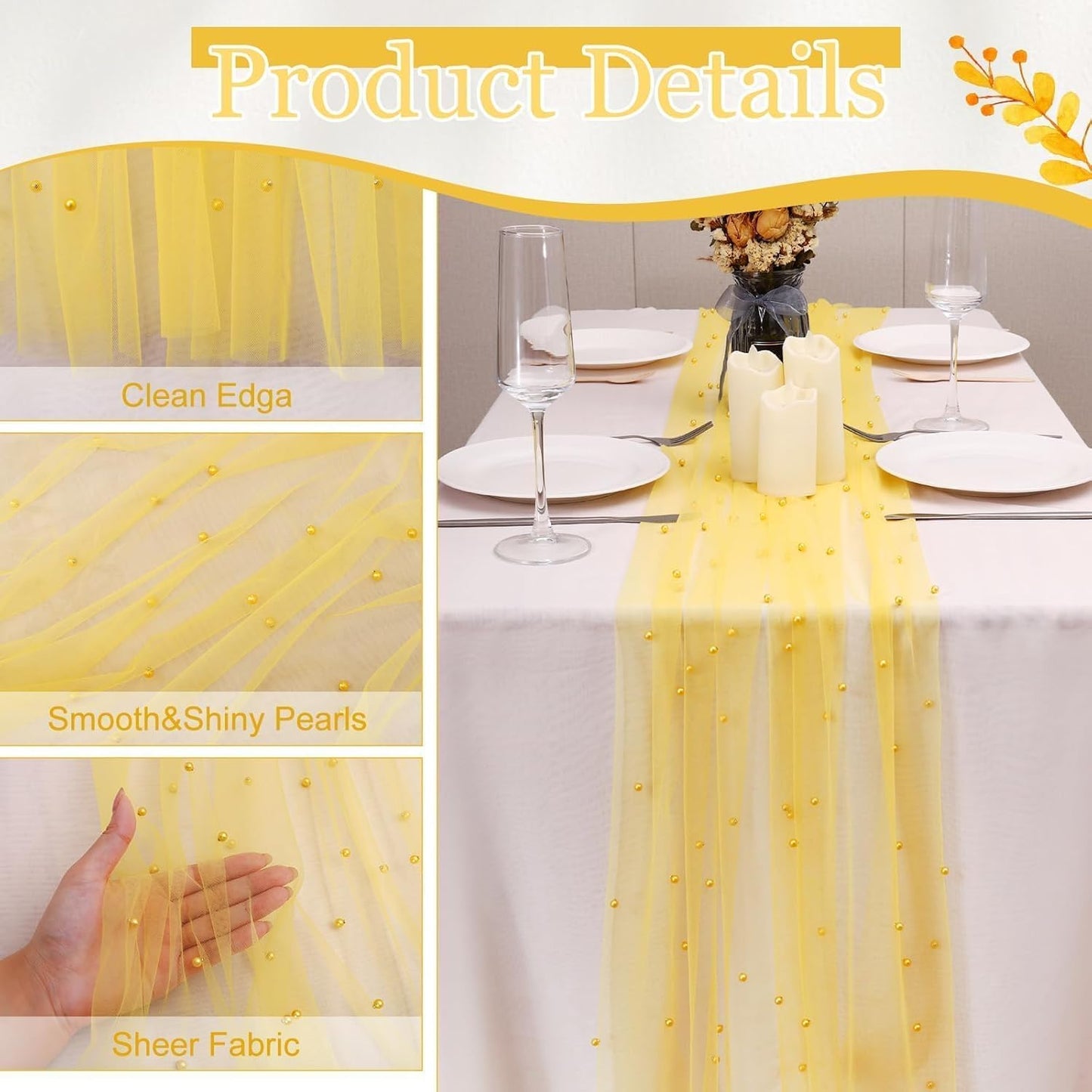 Pearl Table Runner 10FT, 30 x 120 Inch Yellow Boho Rustic Tulle Lace Table Runner for Spring Summer Birthday Baby Shower Wedding Party Table Decor