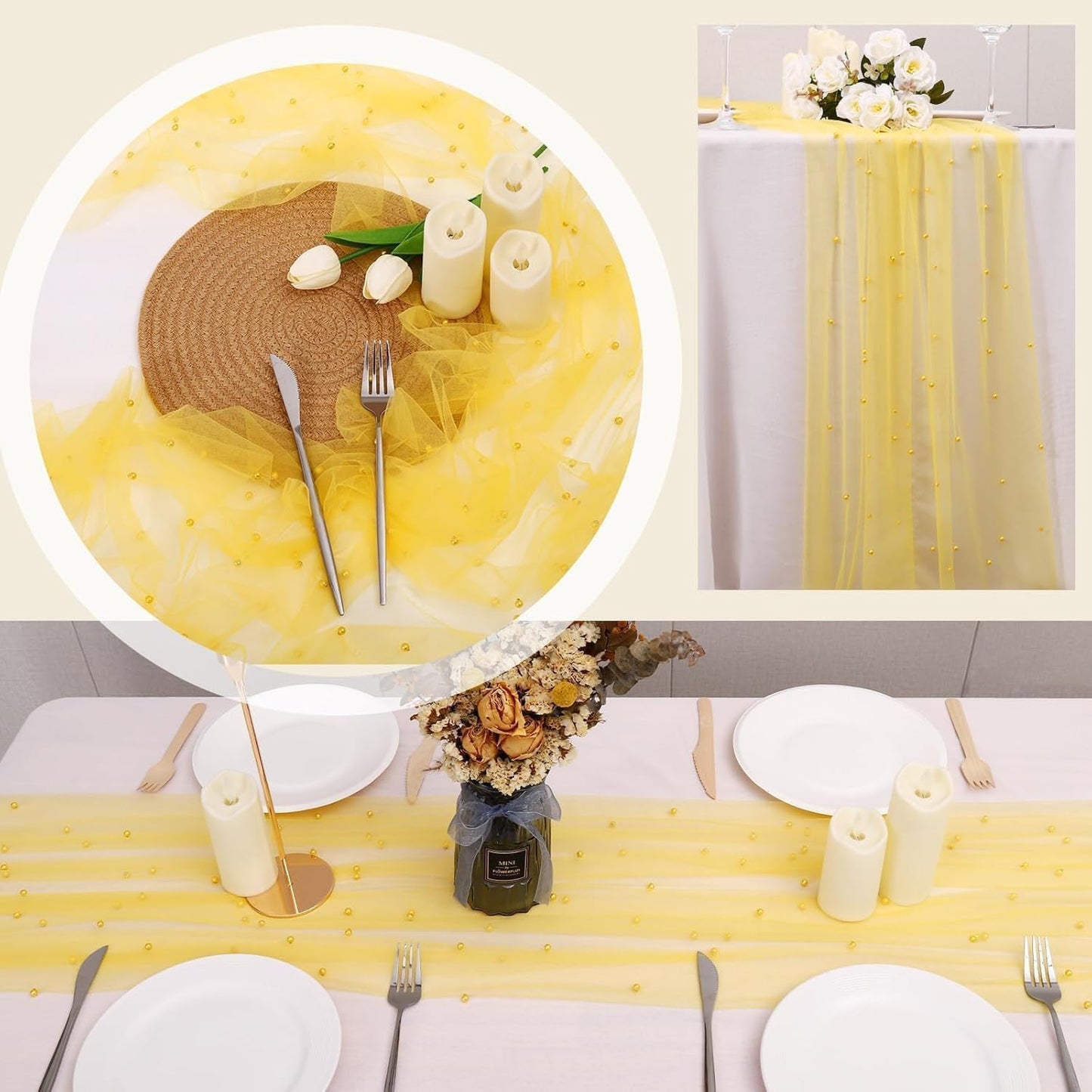 Pearl Table Runner 10FT, 30 x 120 Inch Yellow Boho Rustic Tulle Lace Table Runner for Spring Summer Birthday Baby Shower Wedding Party Table Decor