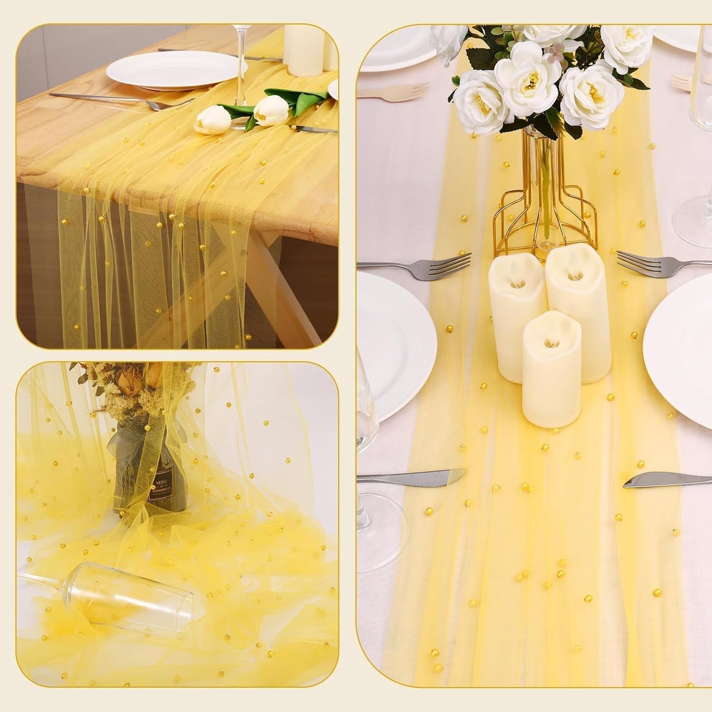 Pearl Table Runner 10FT, 30 x 120 Inch Yellow Boho Rustic Tulle Lace Table Runner for Spring Summer Birthday Baby Shower Wedding Party Table Decor