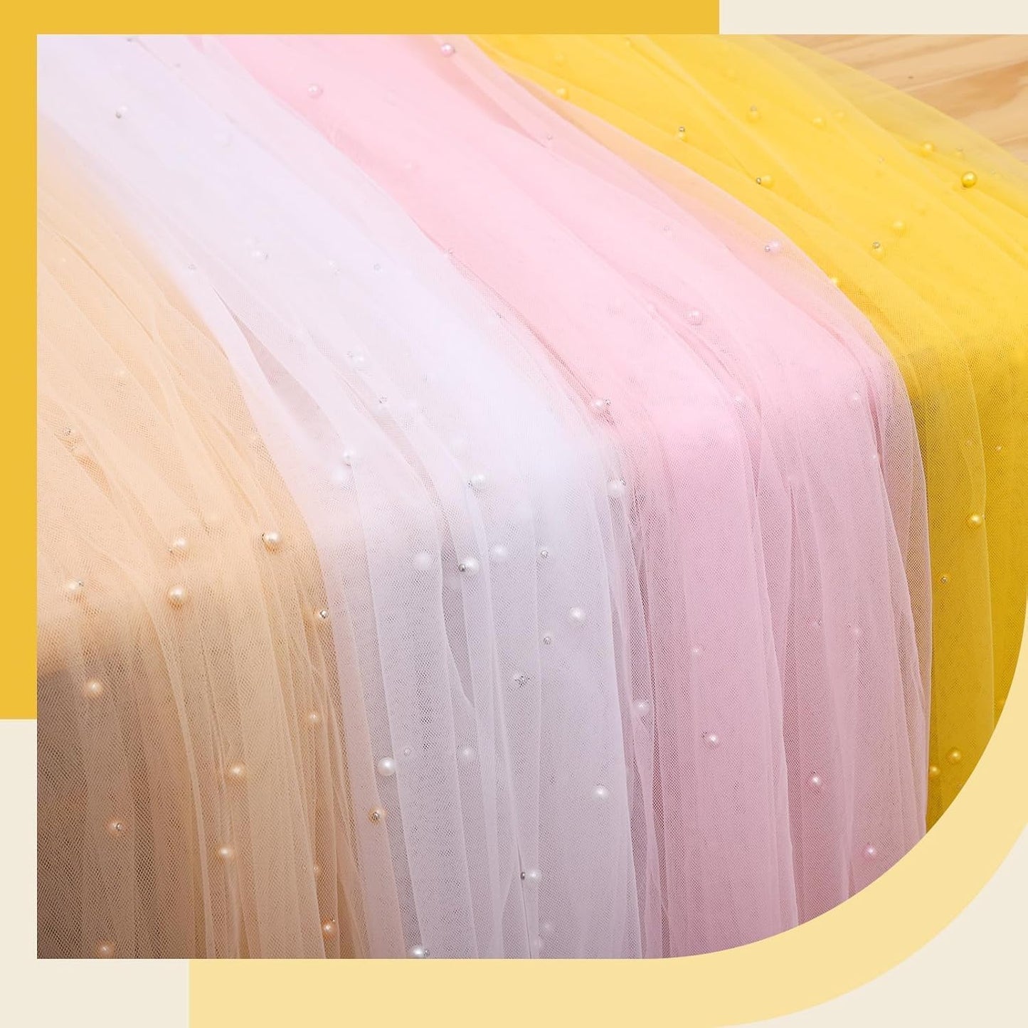 Pearl Table Runner 10FT, 30 x 120 Inch Yellow Boho Rustic Tulle Lace Table Runner for Spring Summer Birthday Baby Shower Wedding Party Table Decor