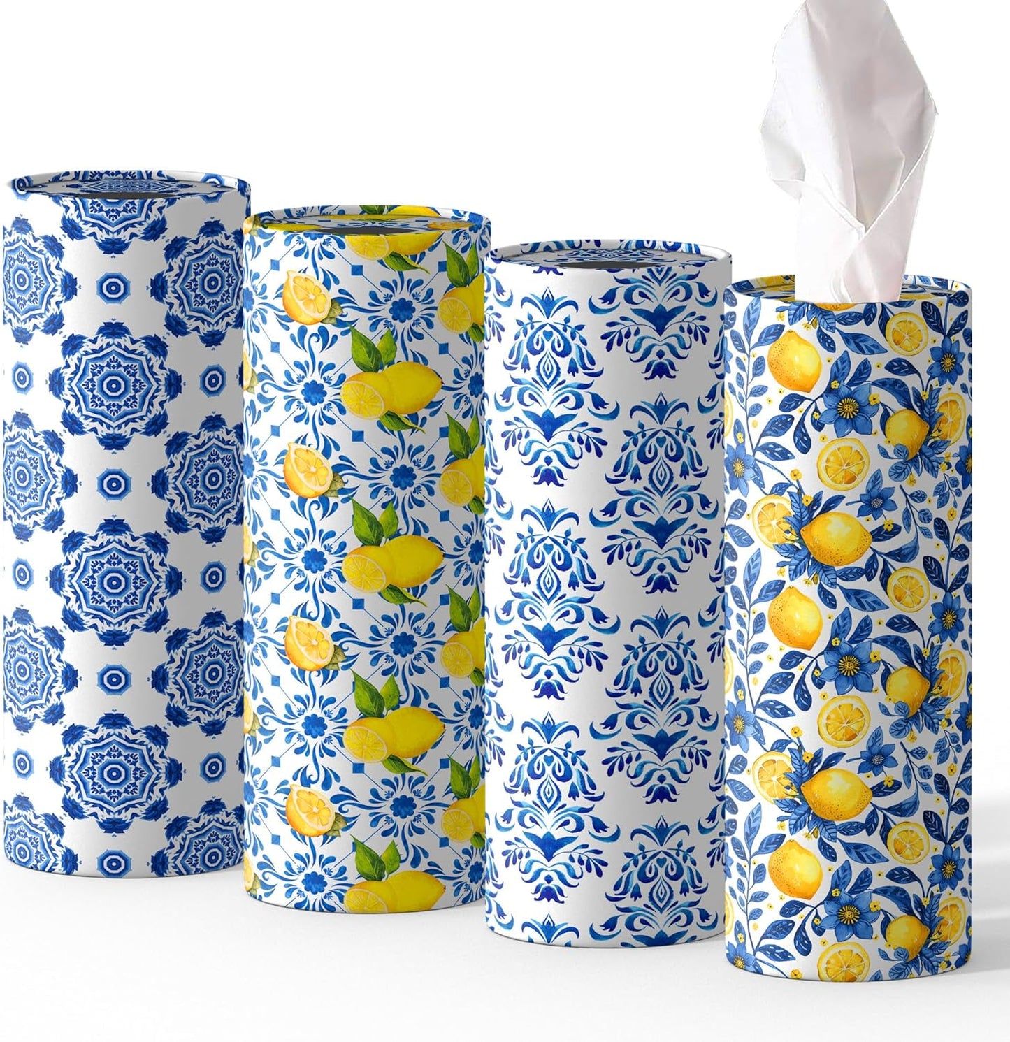 4 Pcs Capri Lemon Round Tissues Box Car Holder Set - Blue & White Mediterranean Lemon Travel Tubes for Car with 50 Sheets Cylinder Face Towel Containers | 2.7" x 7.1" Cup Holder Fit, 4 Unique Designs