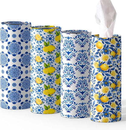 4 Pcs Capri Lemon Round Tissues Box Car Holder Set - Blue & White Mediterranean Lemon Travel Tubes for Car with 50 Sheets Cylinder Face Towel Containers | 2.7" x 7.1" Cup Holder Fit, 4 Unique Designs