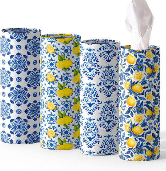 4 Pcs Capri Lemon Round Tissues Box Car Holder Set - Blue & White Mediterranean Lemon Travel Tubes for Car with 50 Sheets Cylinder Face Towel Containers | 2.7" x 7.1" Cup Holder Fit, 4 Unique Designs