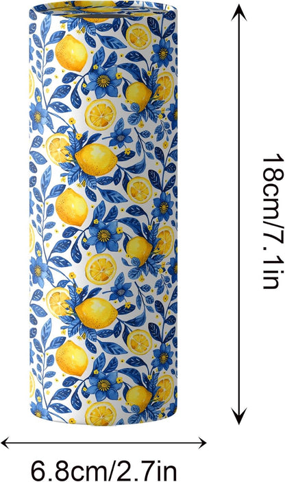 4 Pcs Capri Lemon Round Tissues Box Car Holder Set - Blue & White Mediterranean Lemon Travel Tubes for Car with 50 Sheets Cylinder Face Towel Containers | 2.7" x 7.1" Cup Holder Fit, 4 Unique Designs