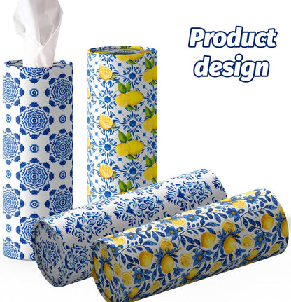 4 Pcs Capri Lemon Round Tissues Box Car Holder Set - Blue & White Mediterranean Lemon Travel Tubes for Car with 50 Sheets Cylinder Face Towel Containers | 2.7" x 7.1" Cup Holder Fit, 4 Unique Designs