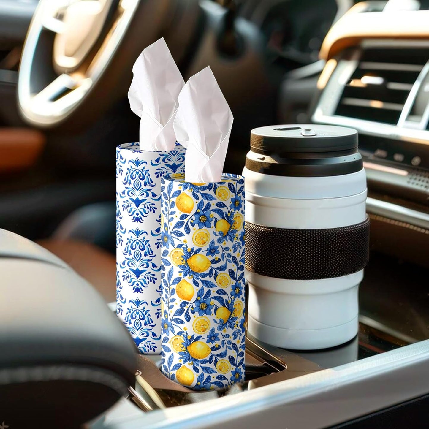 4 Pcs Capri Lemon Round Tissues Box Car Holder Set - Blue & White Mediterranean Lemon Travel Tubes for Car with 50 Sheets Cylinder Face Towel Containers | 2.7" x 7.1" Cup Holder Fit, 4 Unique Designs