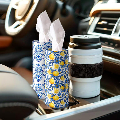 4 Pcs Capri Lemon Round Tissues Box Car Holder Set - Blue & White Mediterranean Lemon Travel Tubes for Car with 50 Sheets Cylinder Face Towel Containers | 2.7" x 7.1" Cup Holder Fit, 4 Unique Designs