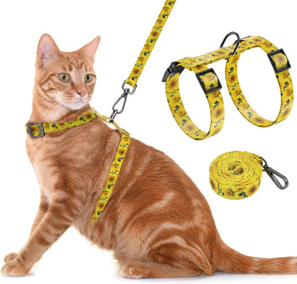 Cat Harness and Leash Set, Adjustable Kitten Harness Escape Proof Cats Harness, Soft Lightweight Walking Travel Pet Harness, Cute Kitty Harness Leash Set for Small Medium Cats, Yellow Sunflower | Escape Proof, Soft Lightweight Walking Travel Pet Harness,