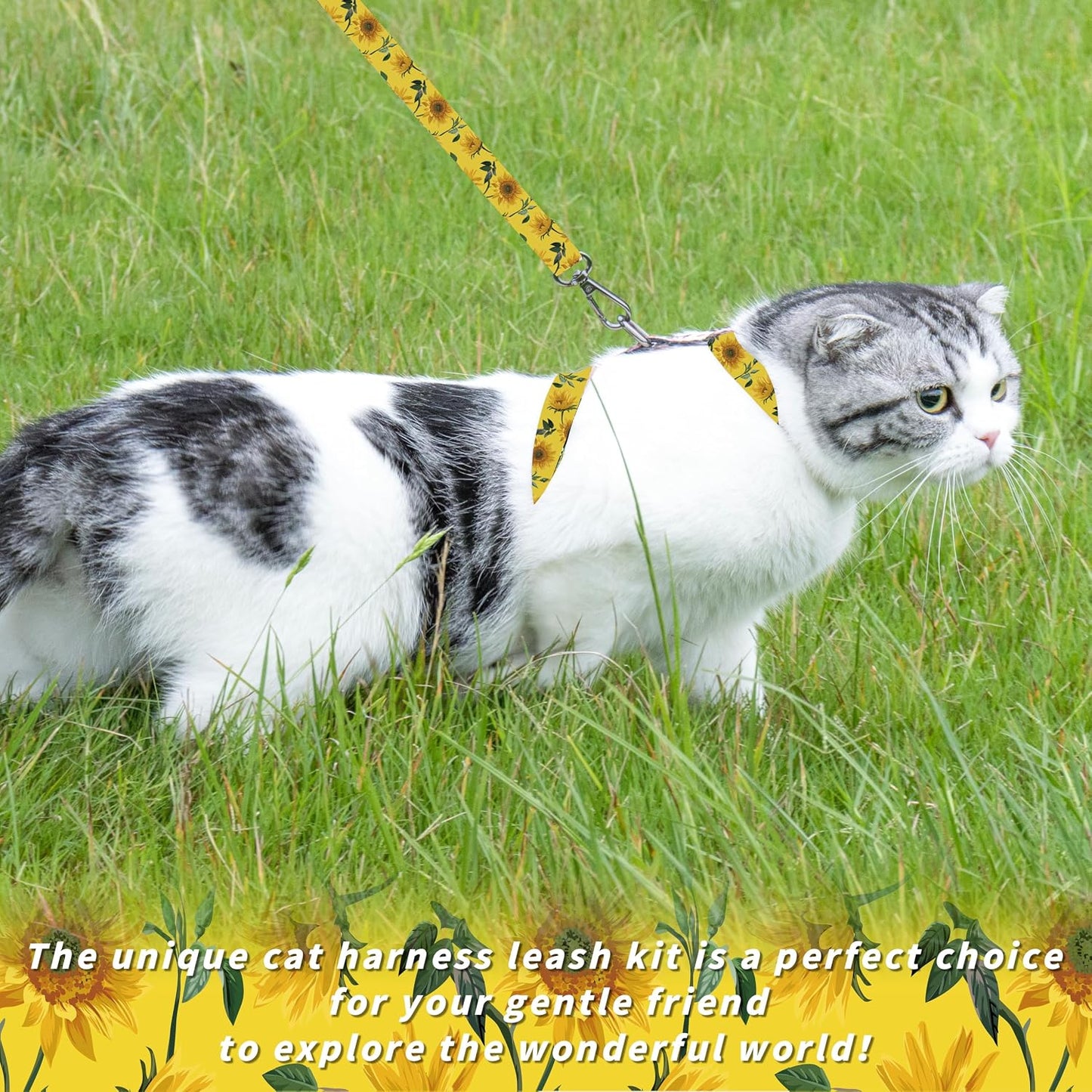 Cat Harness and Leash Set, Adjustable Kitten Harness Escape Proof Cats Harness, Soft Lightweight Walking Travel Pet Harness, Cute Kitty Harness Leash Set for Small Medium Cats, Yellow Sunflower | Escape Proof, Soft Lightweight Walking Travel Pet Harness,