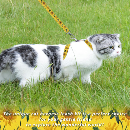 Cat Harness and Leash Set, Adjustable Kitten Harness Escape Proof Cats Harness, Soft Lightweight Walking Travel Pet Harness, Cute Kitty Harness Leash Set for Small Medium Cats, Yellow Sunflower | Escape Proof, Soft Lightweight Walking Travel Pet Harness,