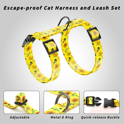 Cat Harness and Leash Set, Adjustable Kitten Harness Escape Proof Cats Harness, Soft Lightweight Walking Travel Pet Harness, Cute Kitty Harness Leash Set for Small Medium Cats, Yellow Sunflower | Escape Proof, Soft Lightweight Walking Travel Pet Harness,