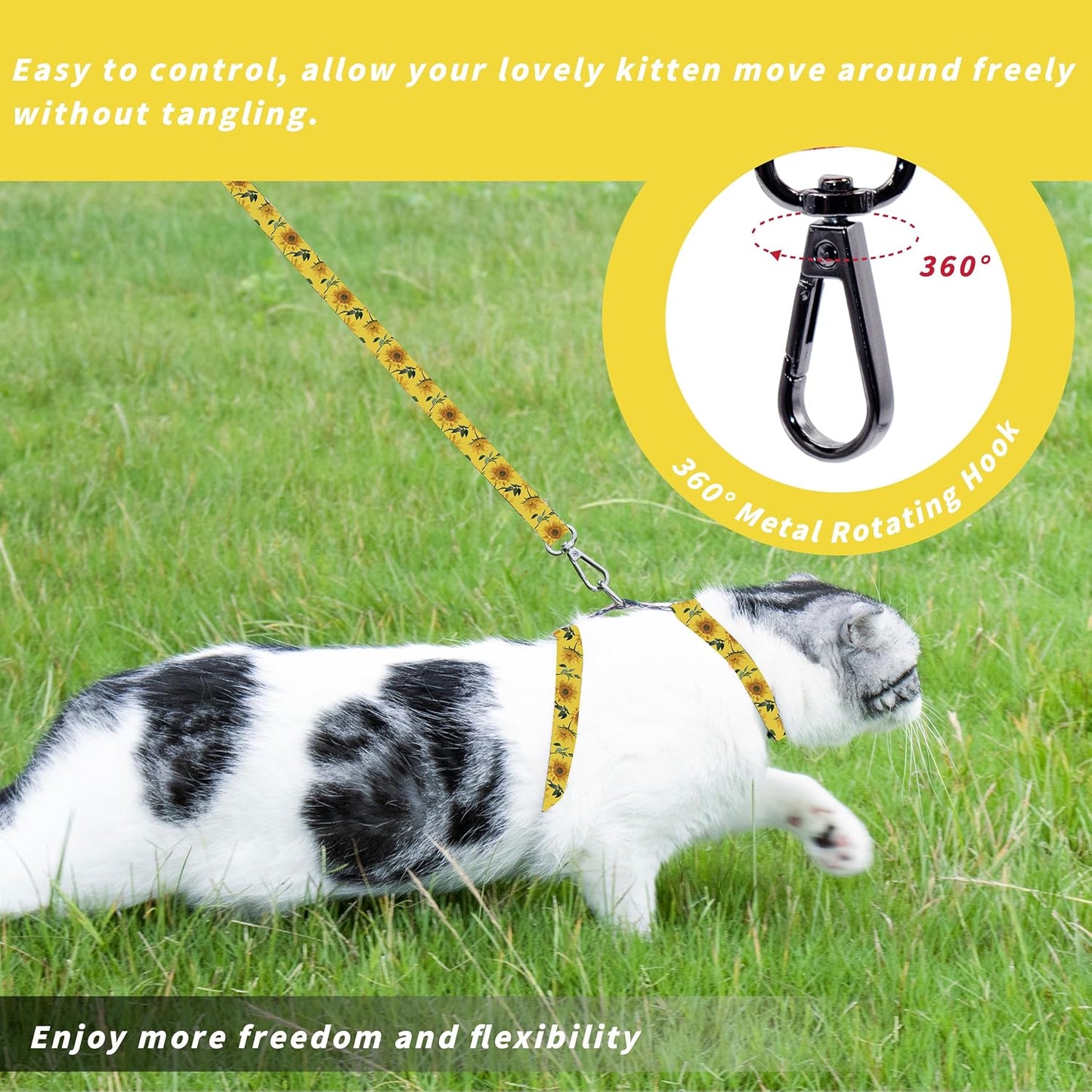 Cat Harness and Leash Set, Adjustable Kitten Harness Escape Proof Cats Harness, Soft Lightweight Walking Travel Pet Harness, Cute Kitty Harness Leash Set for Small Medium Cats, Yellow Sunflower | Escape Proof, Soft Lightweight Walking Travel Pet Harness,