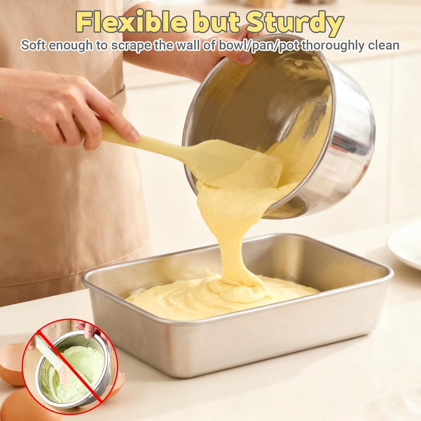 6pcs Silicone Spatula Set, Heat Resistant Rubber Spatulas Seamless Design Kitchen Utensils Set for Baking Cooking and Mixing, Food Grade Non Stick Dishwasher Safe (Light Yellow)