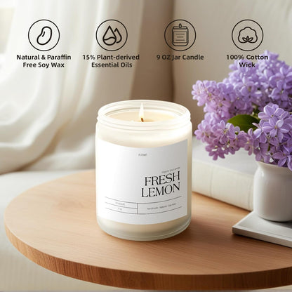 Fresh Lemon Highly Scented Candle for Home, 9oz Natural Soy Aromatherapy Non Toxic Candles with Essential Oil, Home Fragrance Stress Relief & Meditation Jar Candles Gifts for Women & Men, White