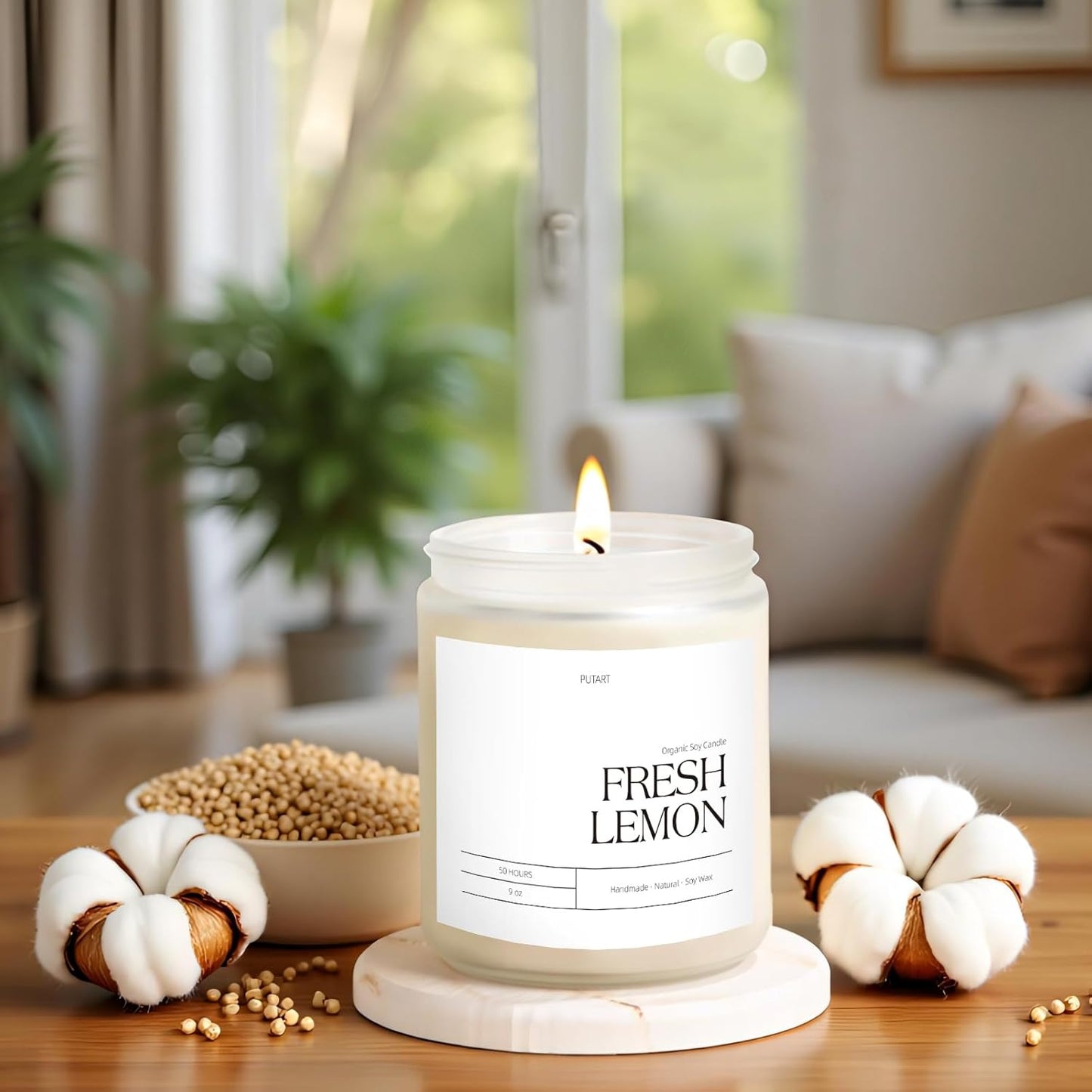 Fresh Lemon Highly Scented Candle for Home, 9oz Natural Soy Aromatherapy Non Toxic Candles with Essential Oil, Home Fragrance Stress Relief & Meditation Jar Candles Gifts for Women & Men, White