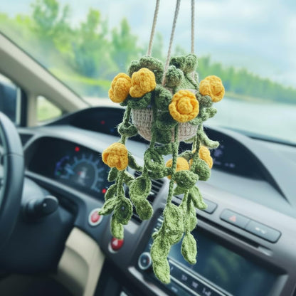 Cute Crochet Hanging Plant for Car Rear View Mirror Yellow Rose Car Charm | Handmade Car Mirror Hanging Accessories, Cute Car Accessories for Women, Crochet Boho Rearview Mirror Charms