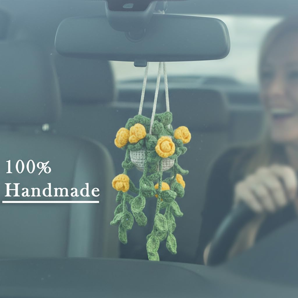 Cute Crochet Hanging Plant for Car Rear View Mirror Yellow Rose Car Charm | Handmade Car Mirror Hanging Accessories, Cute Car Accessories for Women, Crochet Boho Rearview Mirror Charms