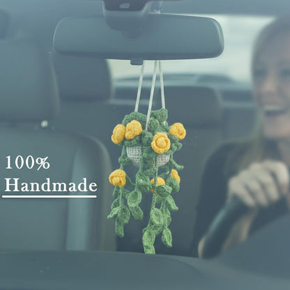 Cute Crochet Hanging Plant for Car Rear View Mirror Yellow Rose Car Charm | Handmade Car Mirror Hanging Accessories, Cute Car Accessories for Women, Crochet Boho Rearview Mirror Charms