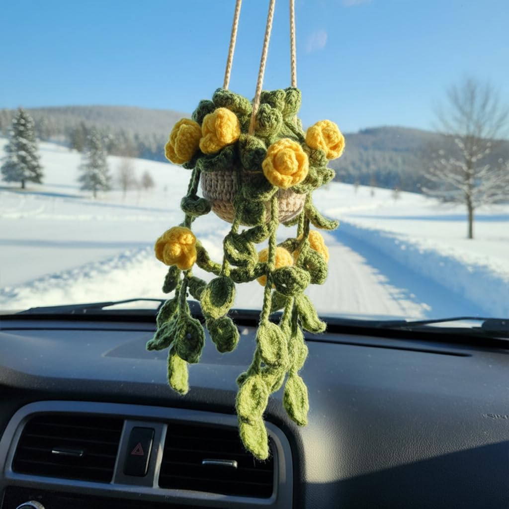 Cute Crochet Hanging Plant for Car Rear View Mirror Yellow Rose Car Charm | Handmade Car Mirror Hanging Accessories, Cute Car Accessories for Women, Crochet Boho Rearview Mirror Charms