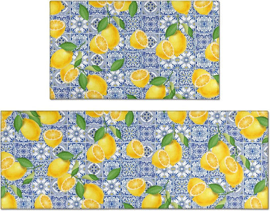 Kitchen Rugs and Mats Non Slip Washable Kitchen Mats for Floor Vintage Home Door Mat Sets of 2 Decorations 17"x30"+17"x47" Lemon Kitchen Rugs
