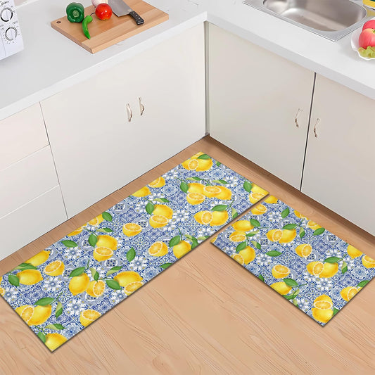 Kitchen Rugs and Mats Non Slip Washable Kitchen Mats for Floor Vintage Home Door Mat Sets of 2 Decorations 17"x30"+17"x47" Lemon Kitchen Rugs