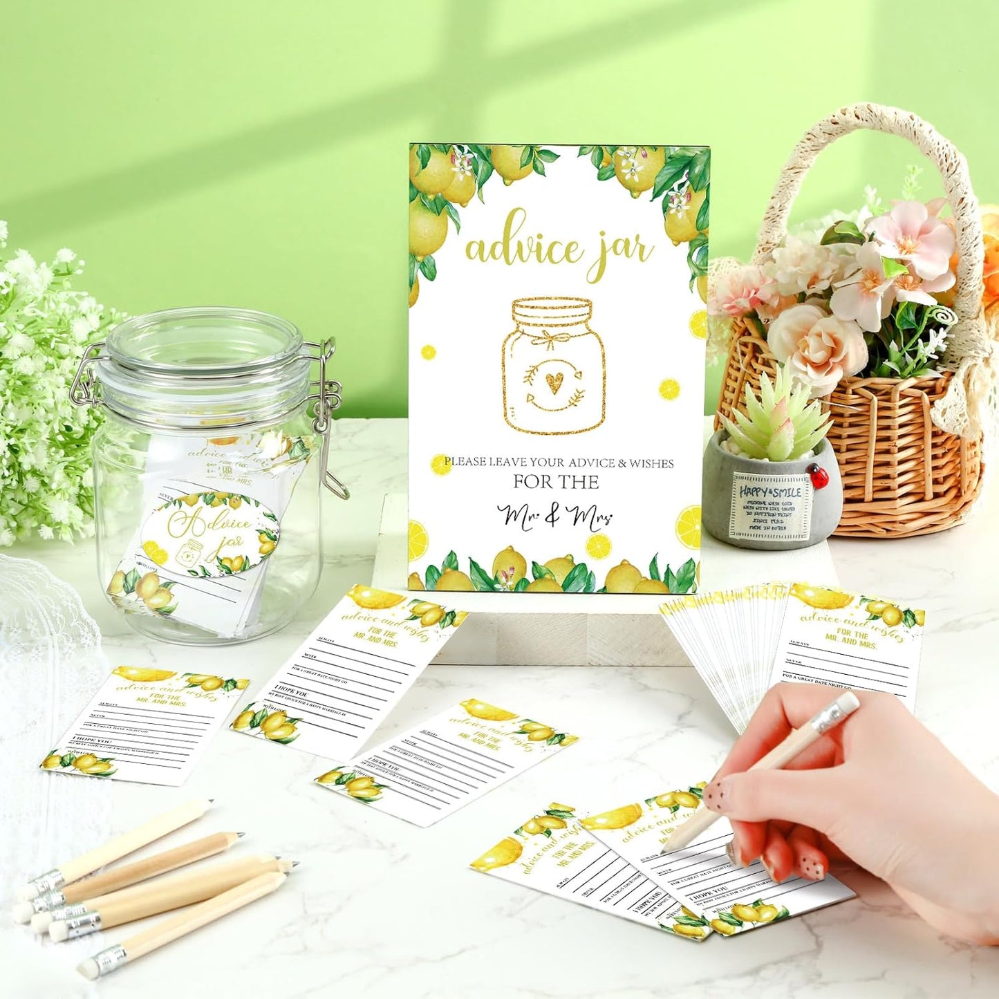 74 Pcs Advice and Wishes for the Mr and Mrs 60 Pcs Wedding Advice Cards Advice and Wishes Jar Box Bridal Shower Advice and Wishes Cards for Bride and Groom Bridal Shower Decor(Lemon)