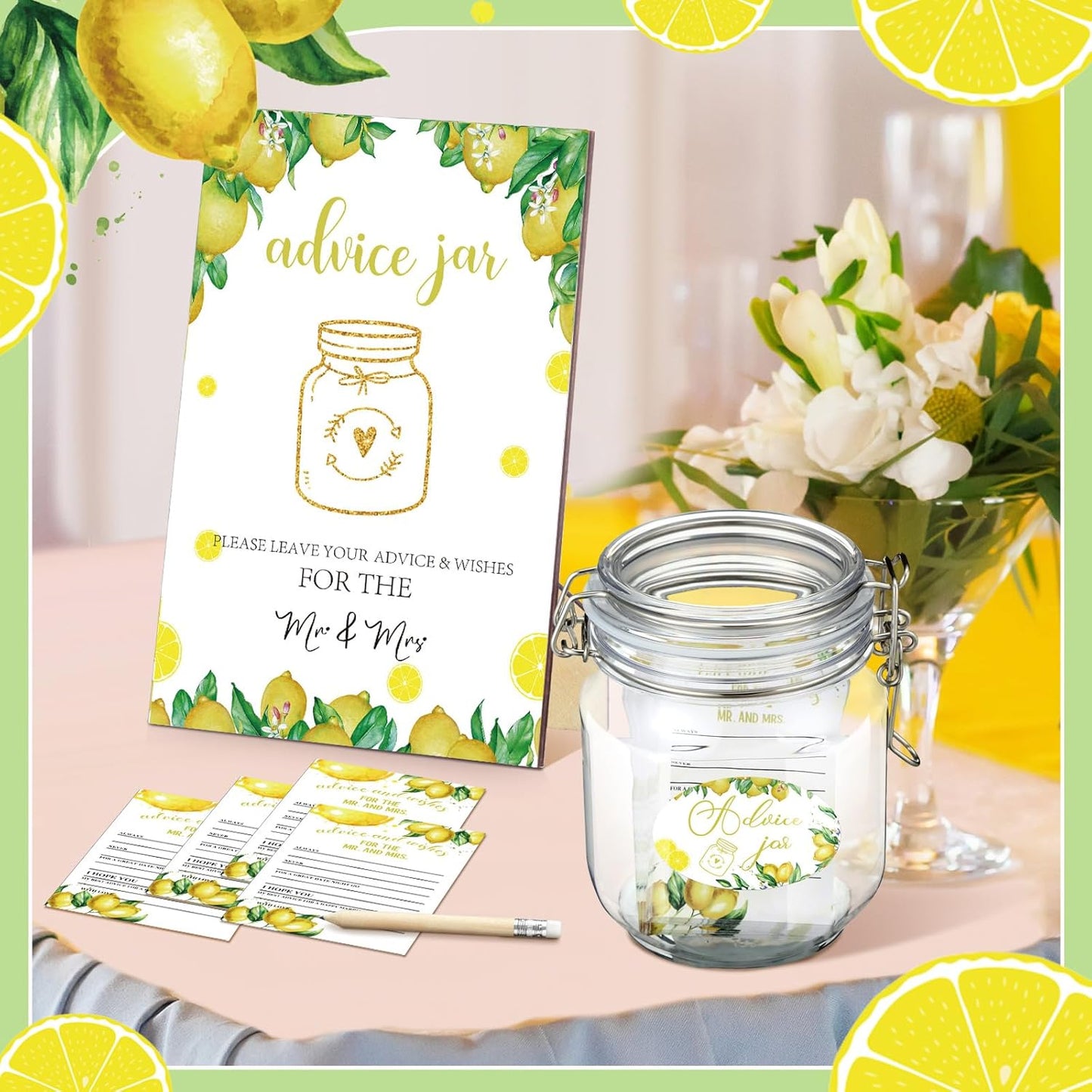74 Pcs Advice and Wishes for the Mr and Mrs 60 Pcs Wedding Advice Cards Advice and Wishes Jar Box Bridal Shower Advice and Wishes Cards for Bride and Groom Bridal Shower Decor(Lemon)