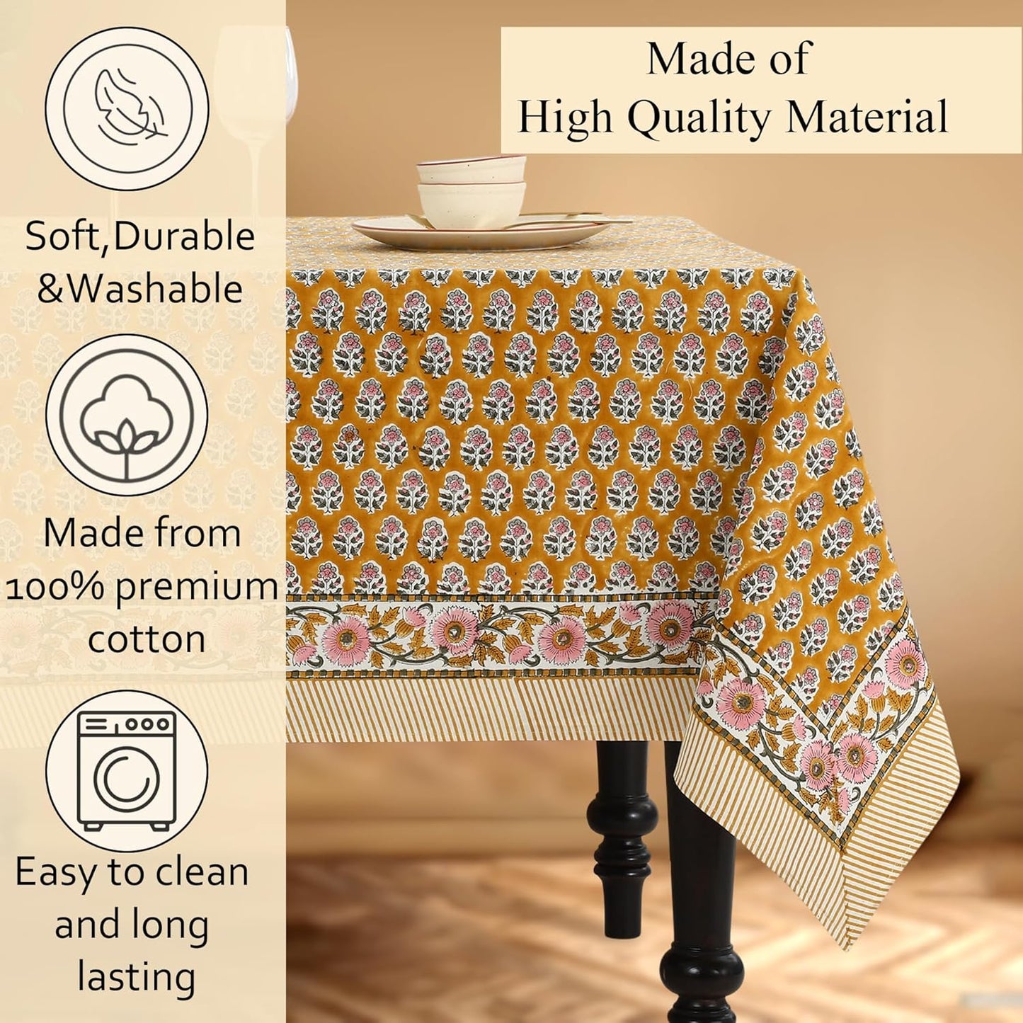 CPC Tablecloth 100% Cotton 80x120 Inch Indian Block Print Rectangle Table Cover, Gray Table Cloth for Weddings, Spring/Summer, Barbeque - Yellow Citrine