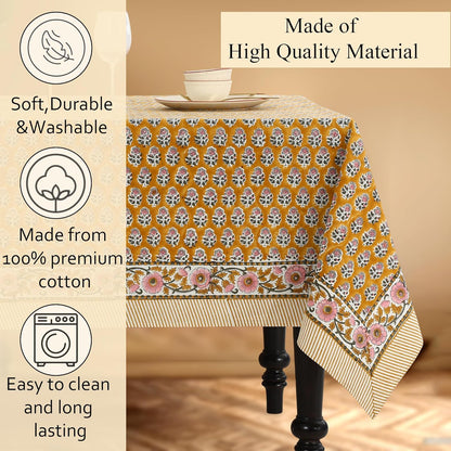 CPC Tablecloth 100% Cotton 80x120 Inch Indian Block Print Rectangle Table Cover, Gray Table Cloth for Weddings, Spring/Summer, Barbeque - Yellow Citrine
