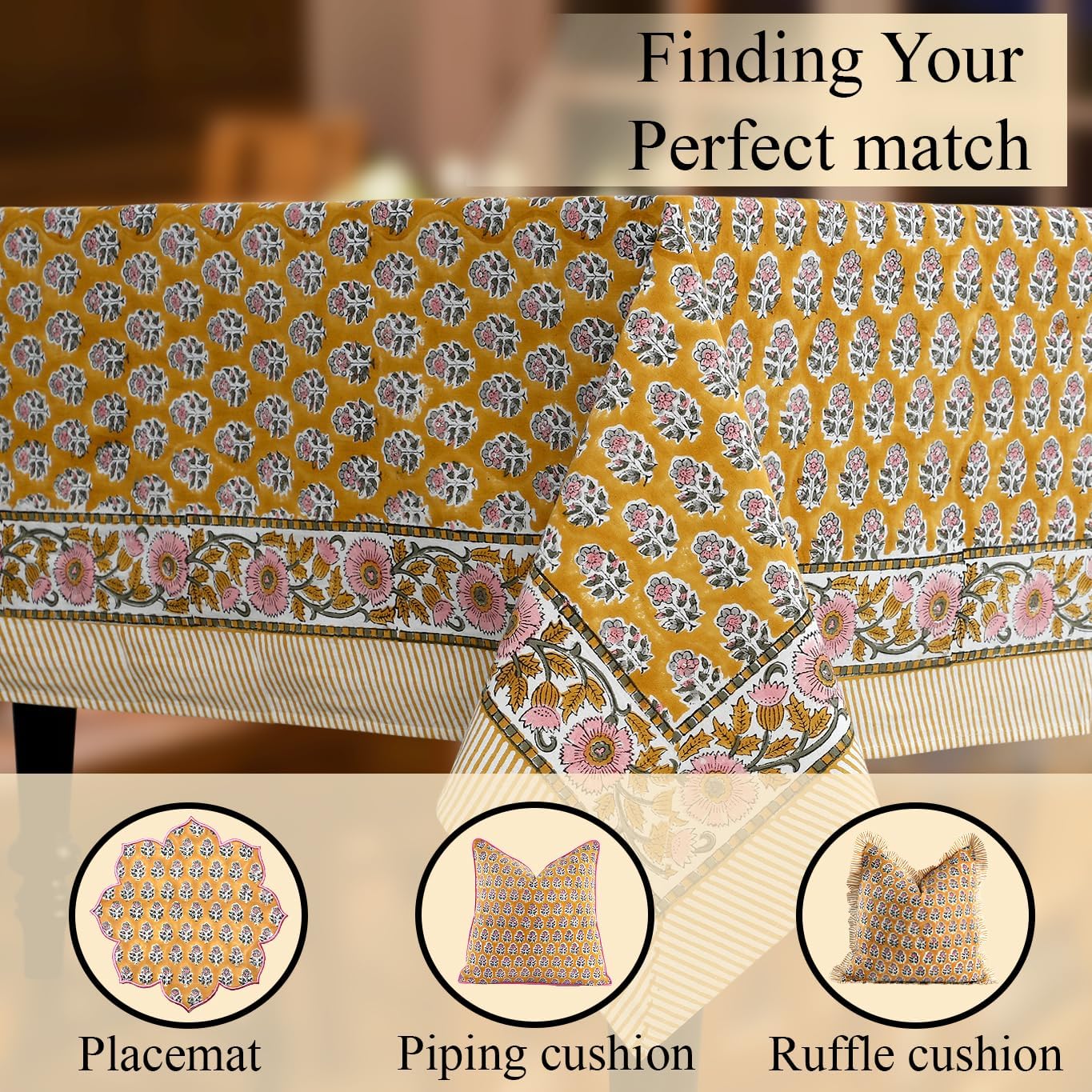 CPC Tablecloth 100% Cotton 80x120 Inch Indian Block Print Rectangle Table Cover, Gray Table Cloth for Weddings, Spring/Summer, Barbeque - Yellow Citrine